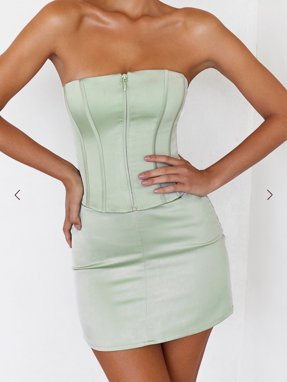 NWT Mistress Rocks by House of Cb Strapless Corset Mini Dress in Light Sage $105